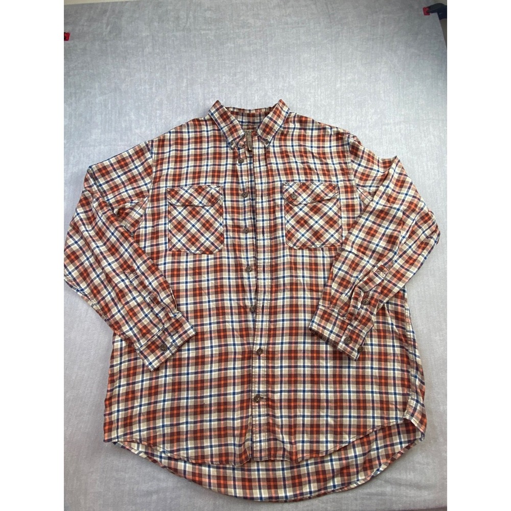 Duluth Trading Co Mens 2XL Tall Plaid Button Down Shirt Orange Blue 3237-37